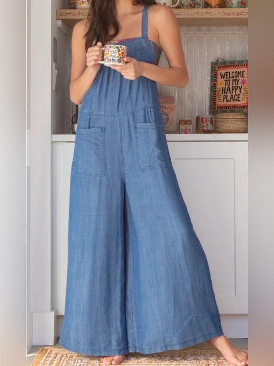 NATURAL LIFE Pants - NATURAL LIFE Blue Wide-Leg Chambray Jumpsuit